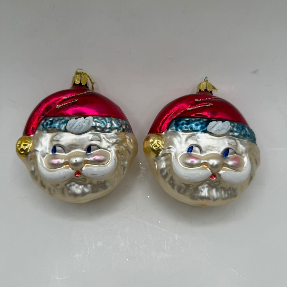 2 Erwin Eichhorn Blown Glass Santa Head Christmas Tree Ornaments Bavaria Germany